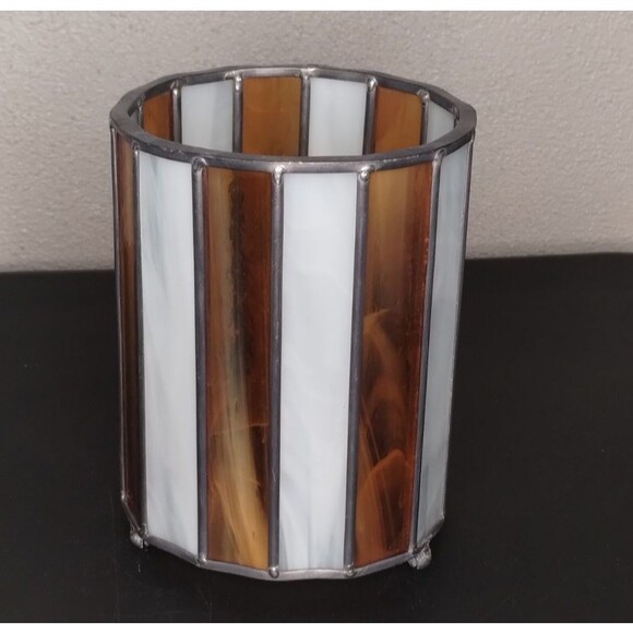 Vintage Marbled Amber & White Leaded Stained Glass Candle Holder 6x5 - Picture 2 of 5
